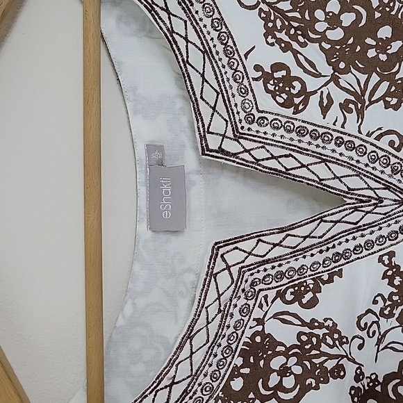 Eshakti White Brown Floral A-Line Dress Size 16 - Picture 2 of 7